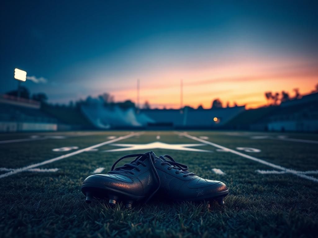 Flick International Empty football field at dusk with Dallas Cowboys star logo and football cleats