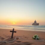 Flick International Tranquil beach at Normandy with a wooden cross and bouquet of lilies for D-Day remembrance