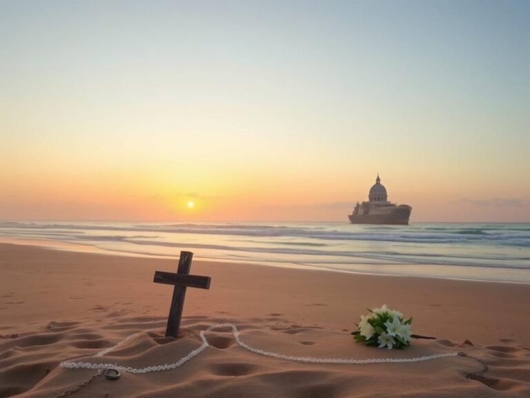 Flick International Tranquil beach at Normandy with a wooden cross and bouquet of lilies for D-Day remembrance