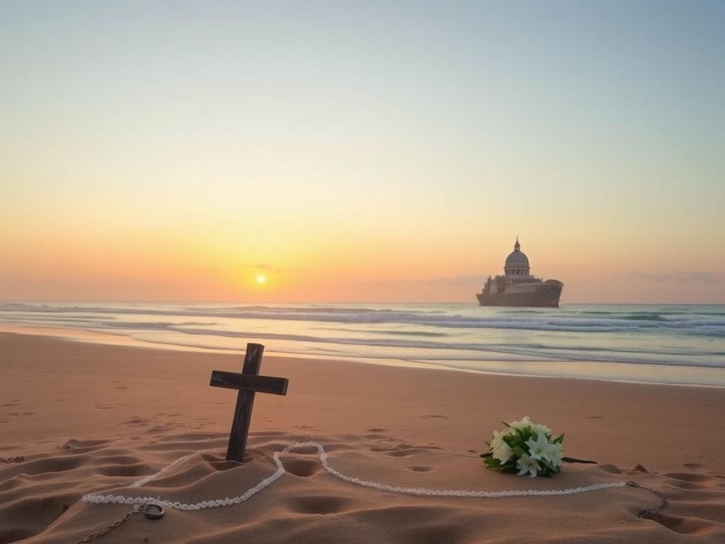 Flick International Tranquil beach at Normandy with a wooden cross and bouquet of lilies for D-Day remembrance