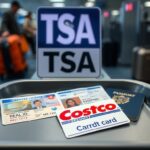 Flick International Close-up of TSA security checkpoint sign with accepted IDs and a discarded Costco membership card