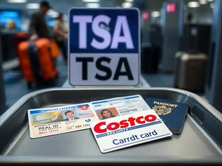 Flick International Close-up of TSA security checkpoint sign with accepted IDs and a discarded Costco membership card