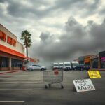 Flick International Exterior of a Home Depot store in Los Angeles during an ICE raid, showcasing empty parking spaces and an abandoned shopping cart.