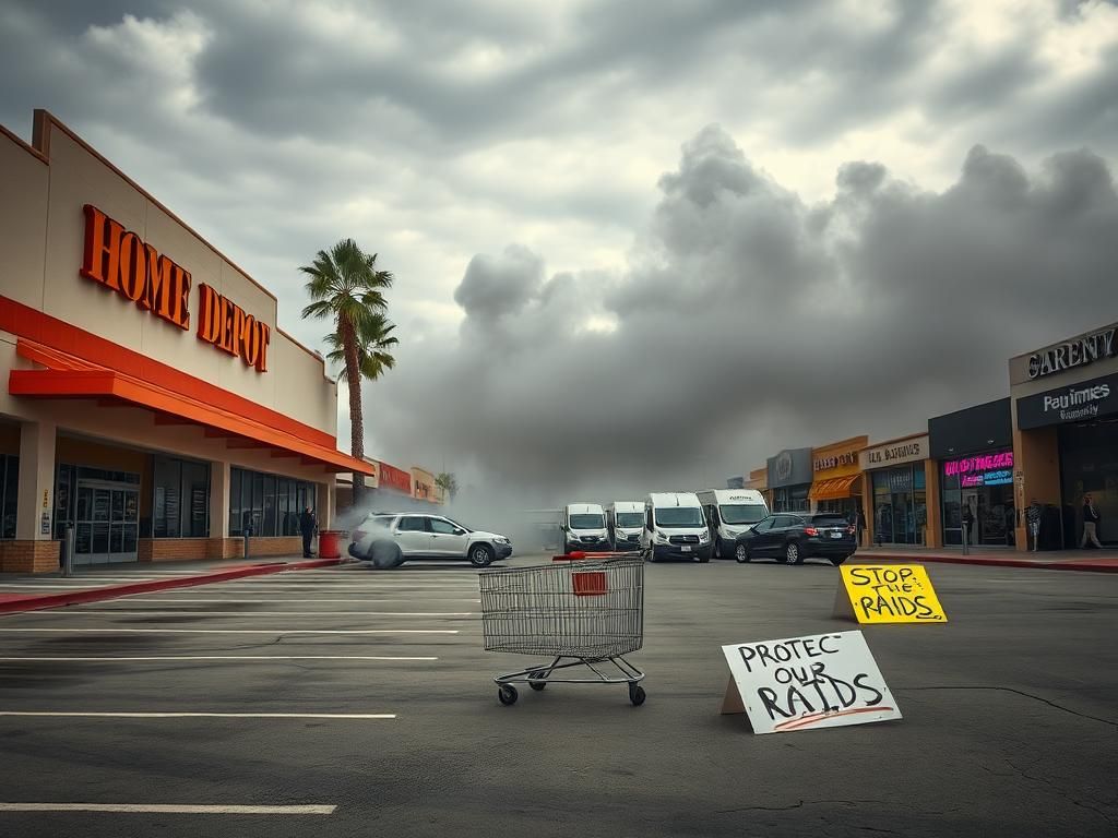 Flick International Exterior of a Home Depot store in Los Angeles during an ICE raid, showcasing empty parking spaces and an abandoned shopping cart.