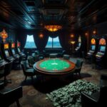Flick International Upscale social club interior featuring vibrant slot machines and a large poker table