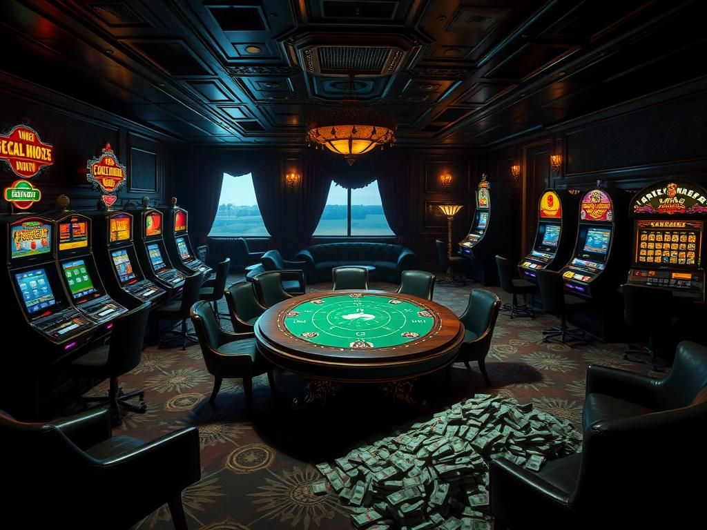 Flick International Upscale social club interior featuring vibrant slot machines and a large poker table