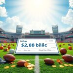 Flick International A dynamic college sports field showcasing athletic gear and a large symbolic check for $2.8 billion