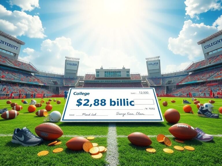 Flick International A dynamic college sports field showcasing athletic gear and a large symbolic check for $2.8 billion