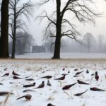 Flick International Scenic winter landscape of Sandringham Estate with pheasant feathers scattered in the foreground