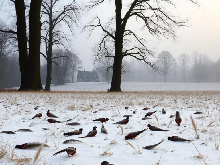 Flick International Scenic winter landscape of Sandringham Estate with pheasant feathers scattered in the foreground