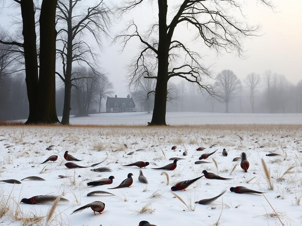 Flick International Scenic winter landscape of Sandringham Estate with pheasant feathers scattered in the foreground