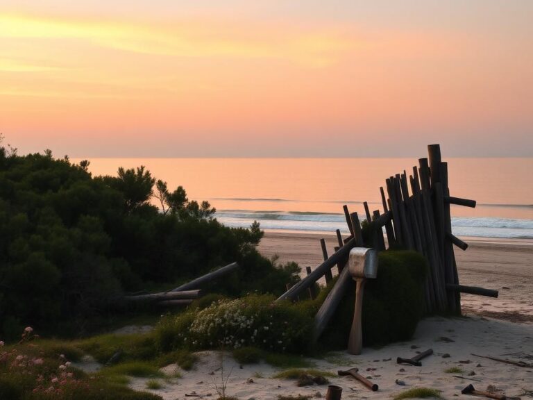 Flick International A serene coastal scene of Roanoke Island with overgrown thicket and remnants of the lost colony