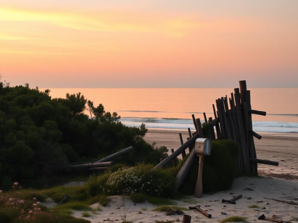 Flick International A serene coastal scene of Roanoke Island with overgrown thicket and remnants of the lost colony