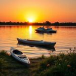 Flick International An abandoned kayak by a serene Texas lake at sunset, symbolizing loss and tragedy