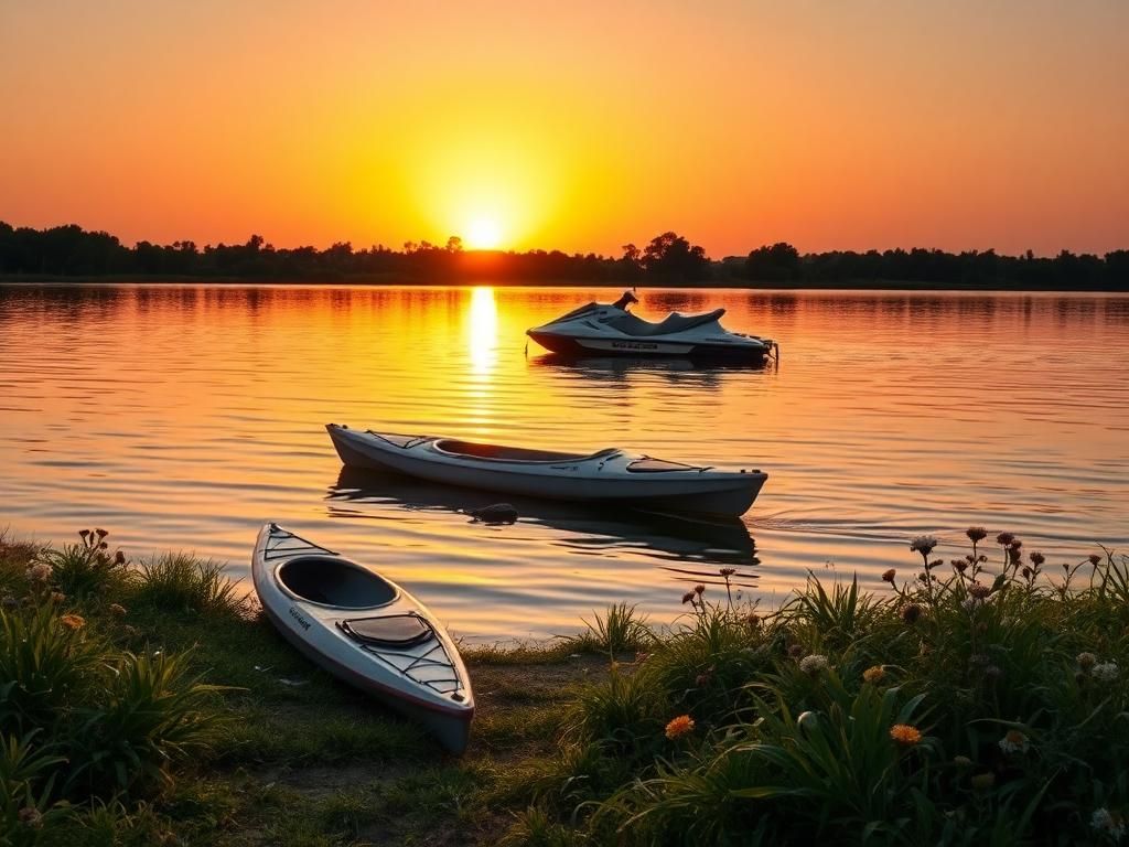 Flick International An abandoned kayak by a serene Texas lake at sunset, symbolizing loss and tragedy