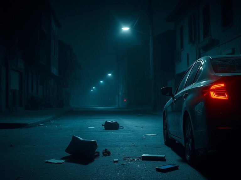 Flick International A dimly lit urban street scene depicting a parked car with a shattered window and items scattered on the ground, reflecting a violent struggle.