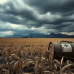 Flick International A dark agricultural landscape with wilted crops under an ominous sky, depicting the impact of a toxic fungal invasion.