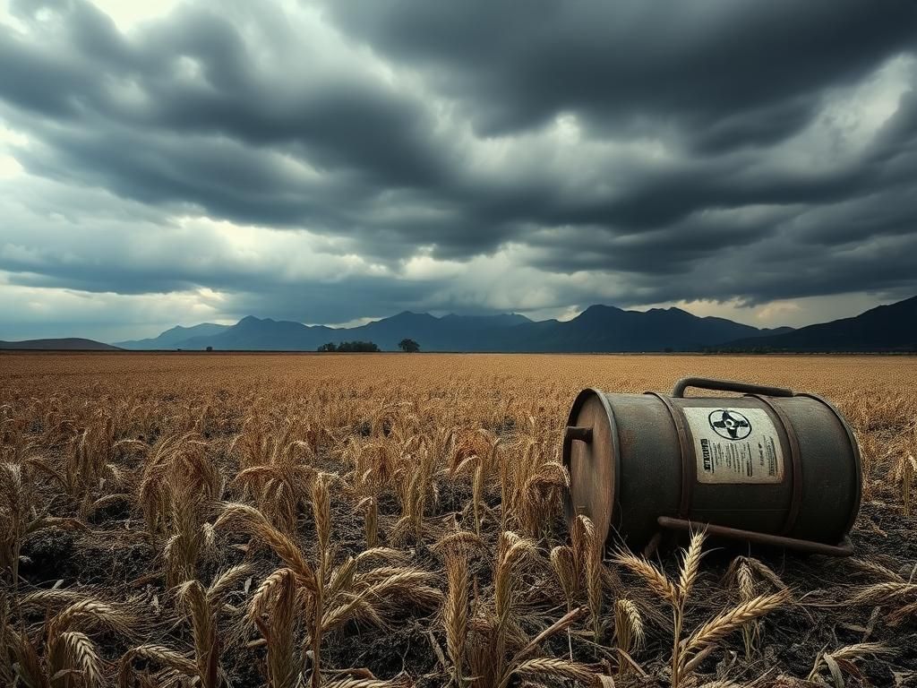Flick International A dark agricultural landscape with wilted crops under an ominous sky, depicting the impact of a toxic fungal invasion.