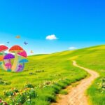 Flick International A serene landscape symbolizing mental healing with lush green fields and colorful wildflowers under a blue sky