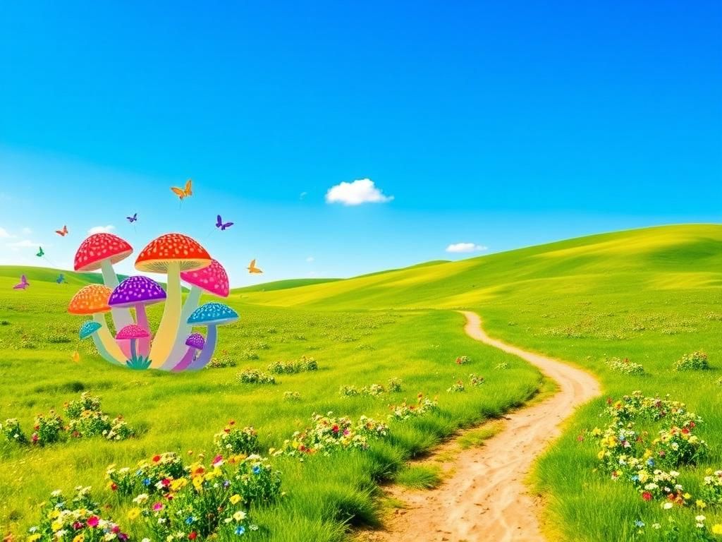 Flick International A serene landscape symbolizing mental healing with lush green fields and colorful wildflowers under a blue sky