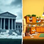 Flick International Split image illustrating the stark contrast between Republican and Democratic perspectives on Medicaid reform.