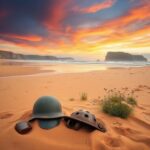 Flick International Serene beach landscape at Normandy, France with military artifacts in the sand