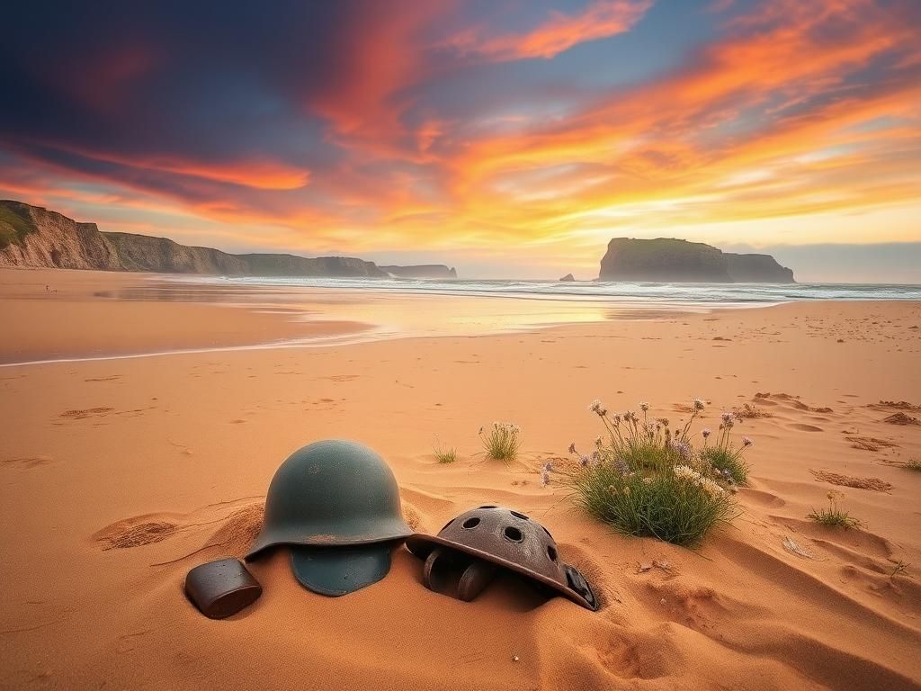 Flick International Serene beach landscape at Normandy, France with military artifacts in the sand