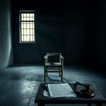 Flick International A dimly lit execution chamber with an empty execution chair and cold concrete walls