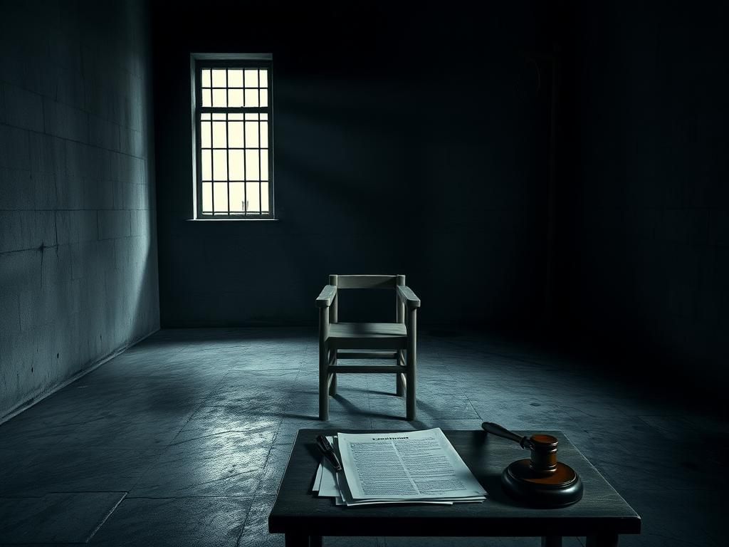Flick International A dimly lit execution chamber with an empty execution chair and cold concrete walls
