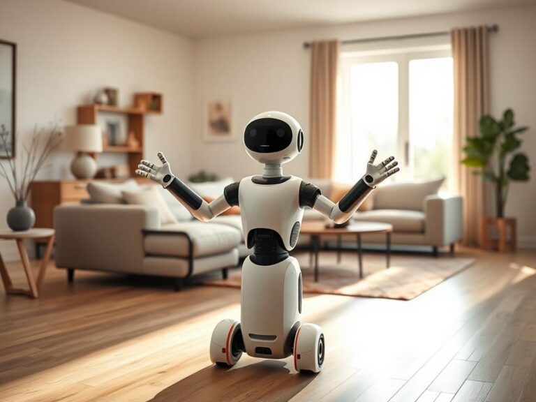 Flick International modern mobile robot providing support for seniors in a serene living room