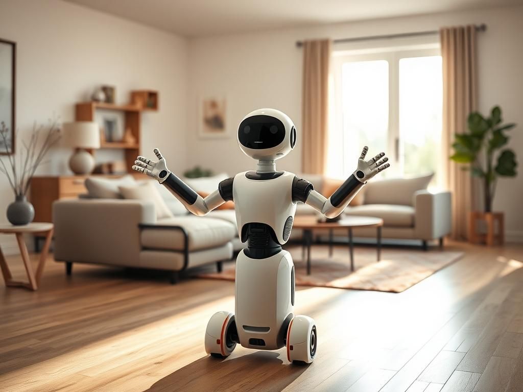 Flick International modern mobile robot providing support for seniors in a serene living room