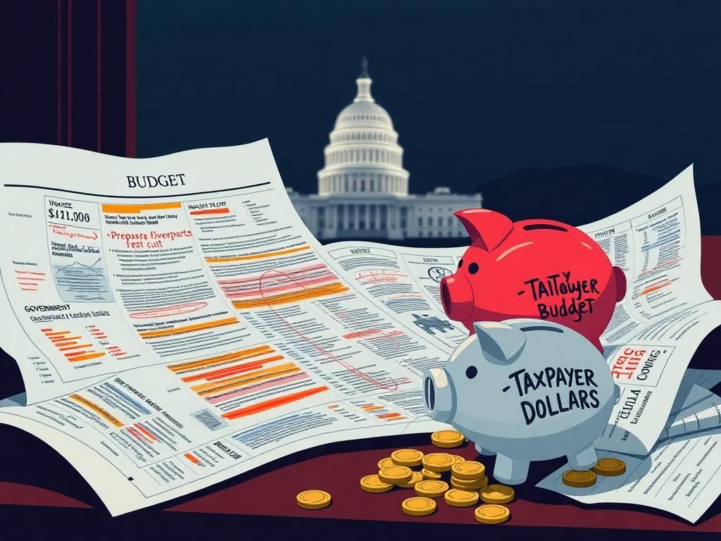Flick International A stylized government budget document representing national debt and spending cuts
