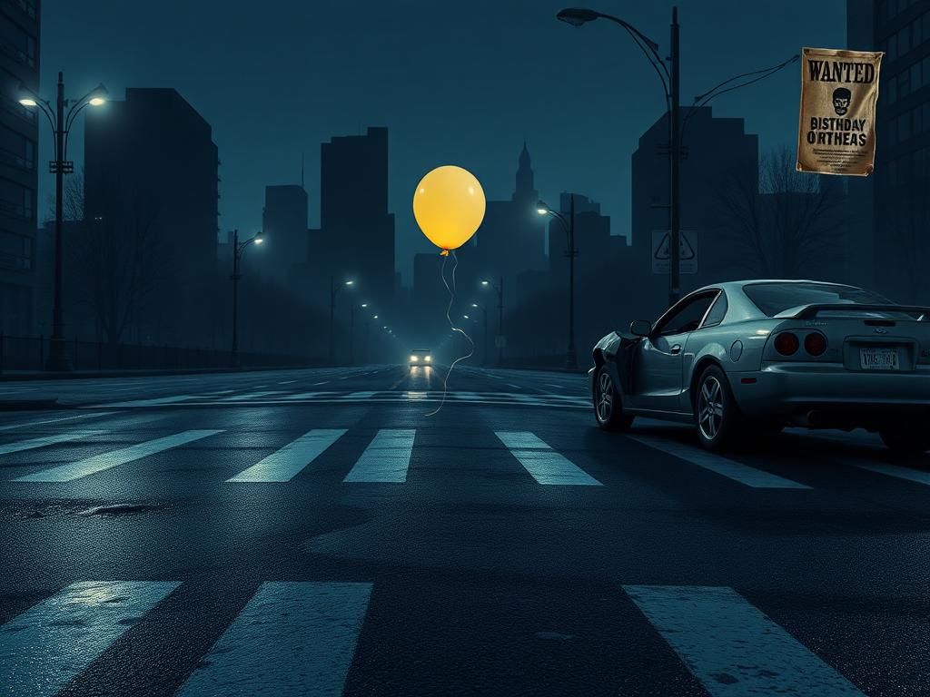 Flick International Somber urban street scene with a solitary birthday balloon, signifying lost celebration