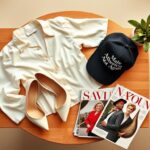 Flick International Stylish flat lay of conservative fashion items including a white blouse, high-heeled shoes, and a 'Make America Hot Again' hat on a wooden table
