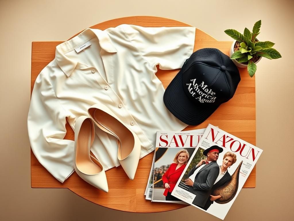 Flick International Stylish flat lay of conservative fashion items including a white blouse, high-heeled shoes, and a 'Make America Hot Again' hat on a wooden table