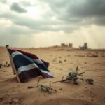 Flick International Crumpled Thai national flag half-buried in the sand in Gaza Strip
