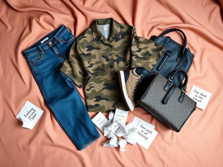 Flick International Close-up of a flat lay featuring unchic fashion items including baggy jeans, a camouflage shirt, worn athletic shoes, and a luxury handbag.