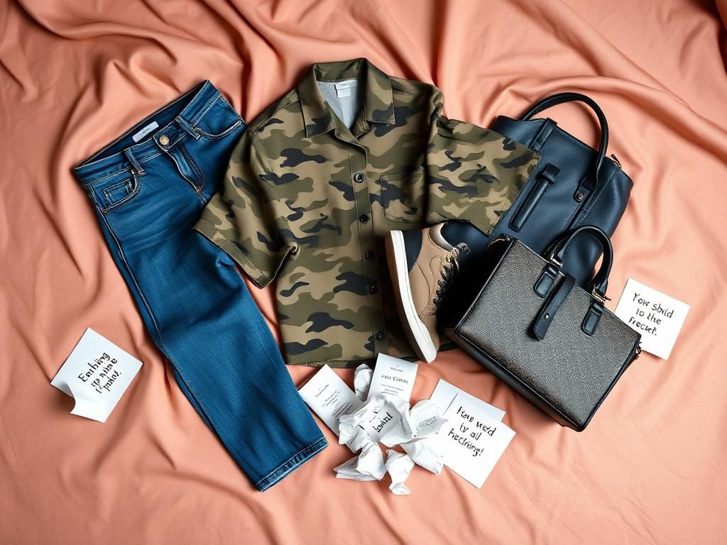 Flick International Close-up of a flat lay featuring unchic fashion items including baggy jeans, a camouflage shirt, worn athletic shoes, and a luxury handbag.