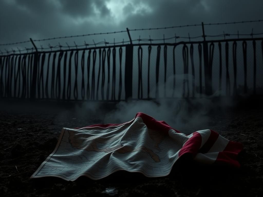 Flick International A dark, foreboding border crossing scene with a crumpled map symbolizing human trafficking complexities