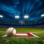 Flick International Iconic Yankee Stadium illuminated at twilight with home plate in focus