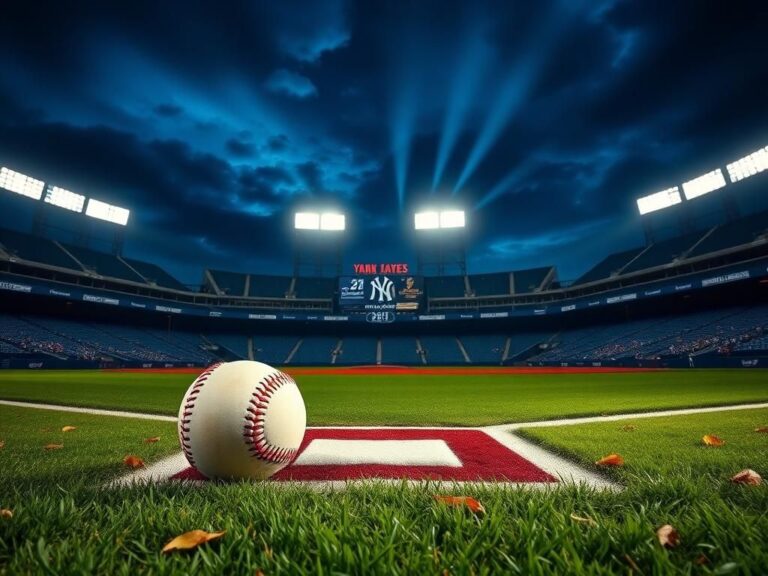 Flick International Iconic Yankee Stadium illuminated at twilight with home plate in focus