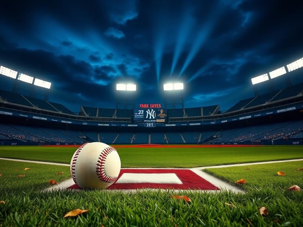 Flick International Iconic Yankee Stadium illuminated at twilight with home plate in focus