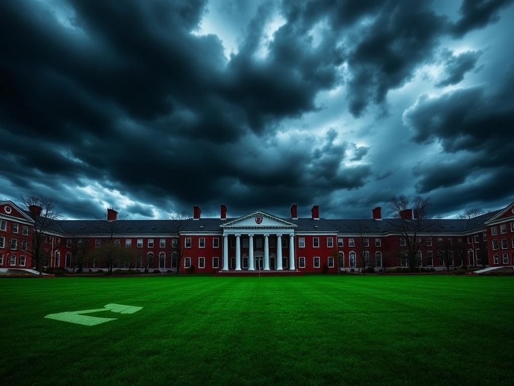 Flick International Dramatic depiction of Harvard University campus under dark clouds symbolizing legal battles