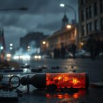 Flick International Dark urban street scene in a sanctuary city with shattered Molotov cocktail and protest signs