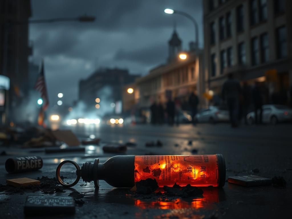 Flick International Dark urban street scene in a sanctuary city with shattered Molotov cocktail and protest signs