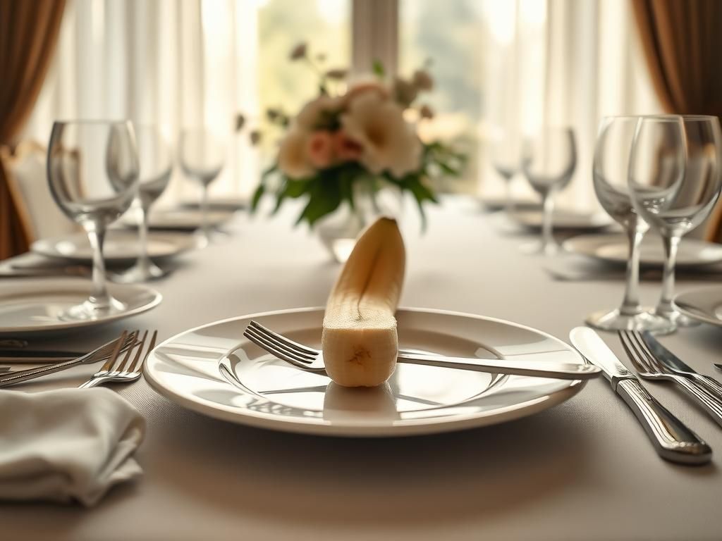 Flick International Close-up of a dining table showcasing a beautifully arranged setting with an artfully cut banana on a fine china plate, knife and fork included.