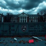 Flick International Somber academic campus scene with a grand university building under dark storm clouds