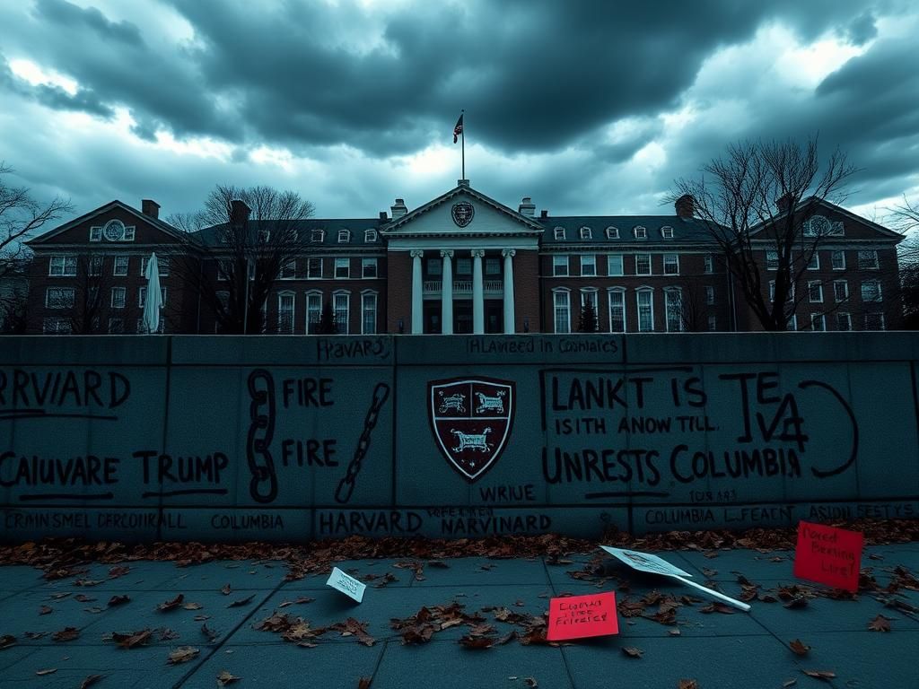 Flick International Somber academic campus scene with a grand university building under dark storm clouds