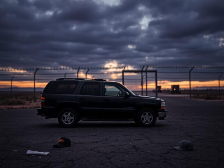Flick International Dusk view of a desolate border crossing with a silhouetted barbed wire fence and abandoned SUV