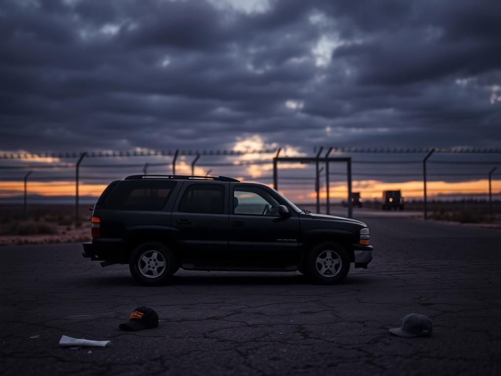 Flick International Dusk view of a desolate border crossing with a silhouetted barbed wire fence and abandoned SUV
